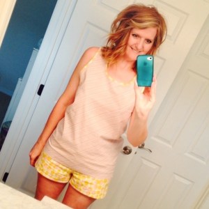 sewing homemade pink and yellow pajamas